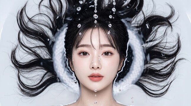Beautiful East Asian woman floating in water, dark hair spreading out with water droplets, serene overhead portrait for beauty and skincare concept