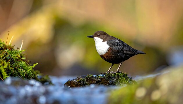 White-throated dipper bird perched on a mossy stone in the middle of a flowing forest stream.