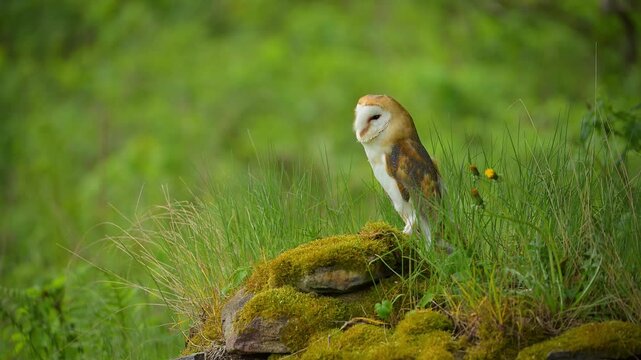 Schleiereule (Tyto alba), sitzt auf einem Ast und beobachtet