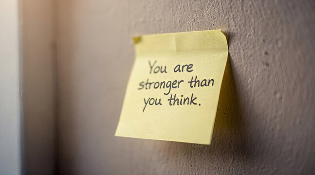 Motivational message You are stronger than you think on a yellow sticky note