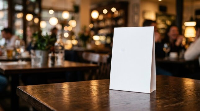 Blank white table tent menu mockup on a wooden restaurant table.