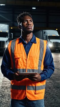 A Worker in Safety Gear Analyzes Data on a Tablet, Overwhelmed by Challenges in a Busy Logistics Facility with Trucks in the Background