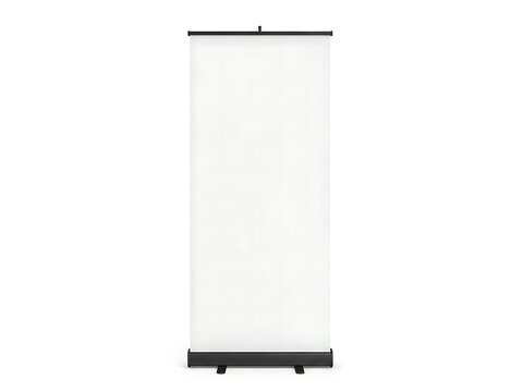 Blank roll up banner display stand for advertising and marketing events in a professional business room