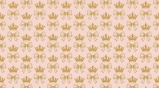 Elegant golden crowns and bows seamless pattern on a pink background