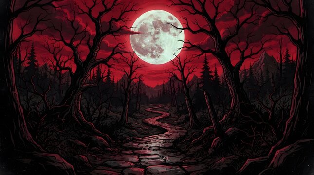 Eerie red moonlit forest path
