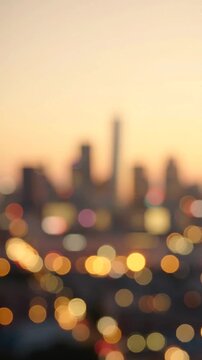 A Breathtaking Cityscape at Dusk: Capturing the Beautiful Blurred Lights and Skyline of an Urban Environment During the Golden Hour of Sunset