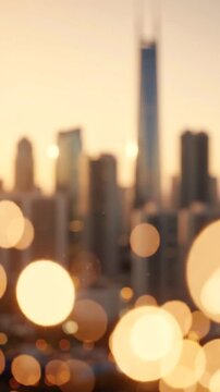 Captivating cityscape views at sunset, showcasing blurred skyscrapers surrounded by ethereal bokeh effects, creating a dreamy atmosphere of urban beauty and tranquility.