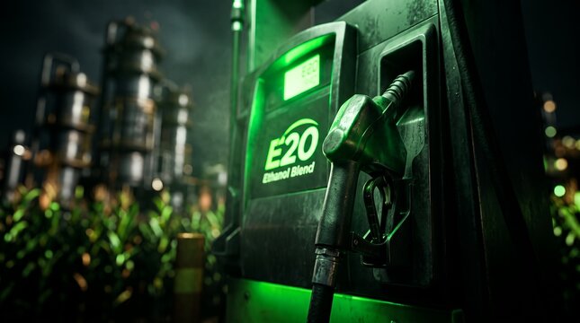 Biofuel pump dispenser featuring ethanol blend logo, fuel nozzle and refinery background, representing renewable energy transition and eco-friendly fuel technology