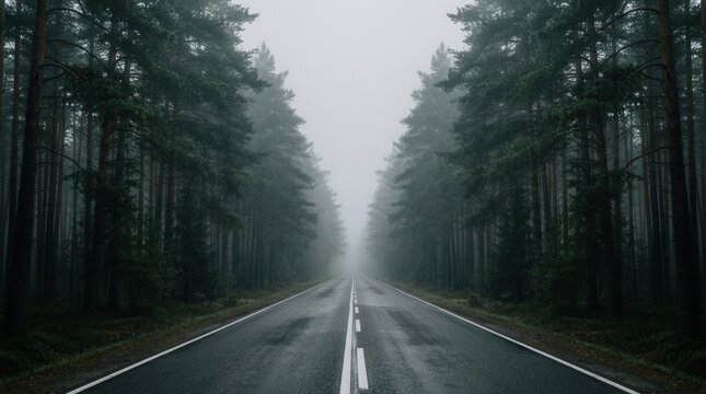 Mysterious Foggy Forest Road Leading into the Unknown.