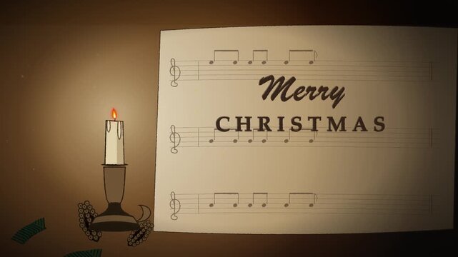 Animated Musical Christmas Greeting Featuring A Glowing Candle And Traditional Sheet Music Notation Against A Warm Moody Background
