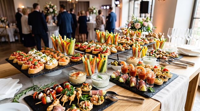 A beautifully arranged catering display featuring vibrant hors d'oeuvres at a classy and elegant wedding celebration reception