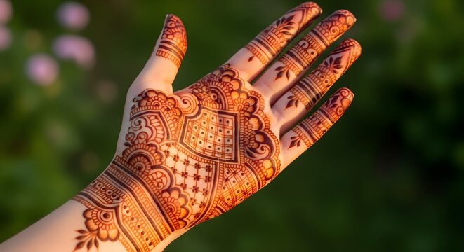 Intricate henna tattoo design on a woman's hand in a sunny garden