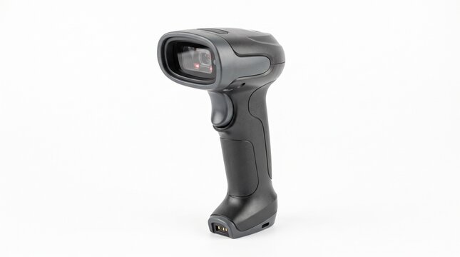 Modern black barcode scanner, a handheld digital reader for retail and inventory management. Essential technology for efficient business operations and data capture.