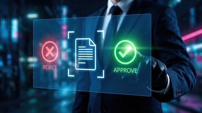 A modern digital document verification system displaying approval and rejection status within a high tech futuristic user interface concept