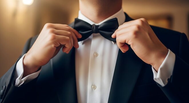 Man adjusting black bow tie on white dress shirt and formal suit