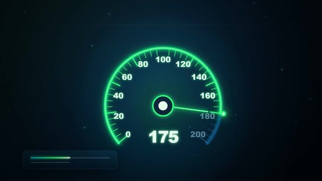 A glowing speedometer indicating a speed of 175 on a dark background, suggesting high performance or rapid progress