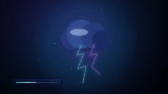 A glowing neon sign of a thundercloud with lightning bolts on a dark background, set against a backdrop of starry sky and a subtle loading bar