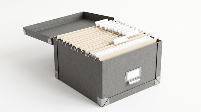 Vintage metal filing box, a classic office organizer for important documents and records. An antique desktop storage solution with manila folders and index tabs