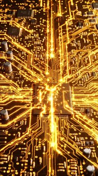 Exploring the Intricate Design of a Computer Circuit Board Captured in Two Distinct Frames, Highlighting the Flow of Electricity Through Microprocessors and Connections