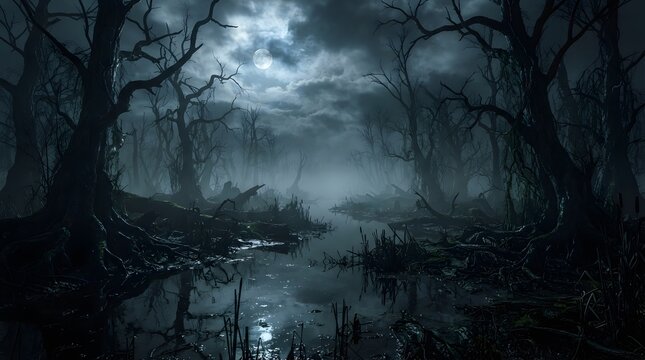 Eerie moonlit swamp at night
