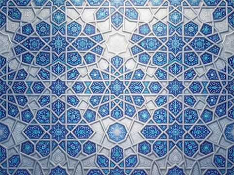 Intricate arabesque geometric pattern blue and white islamic art seamless background.