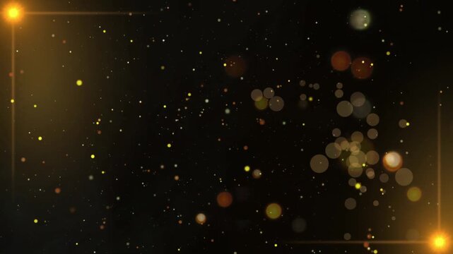 Golden particles float gently against a dark background with glowing lens flares with illuminated bright corner lights
