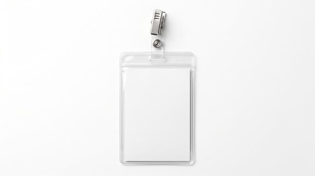 Blank white ID card in a clear plastic holder with a silver metal clip, an empty identification badge for corporate branding and security access, customizable name tag template for business and