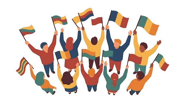 Group of people standing in a circle holding world flags