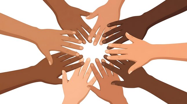 Circle of diverse hands reaching towards the center