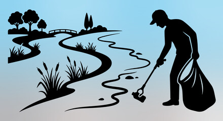 a golfer playing on a scenic outdoor landscape, featuring a winding river, trees, reeds, grassy banks, and a small bridge against a soft blue background.