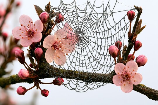 Dewcovered spider web between pink cherry blossom flowers on a branch in spring