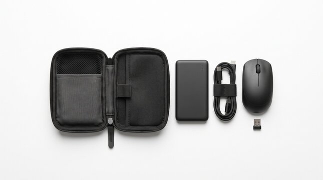 Modern black tech accessories flat lay, minimalist digital devices for productivity and travel, essential computer peripherals including a mouse, portable hard drive