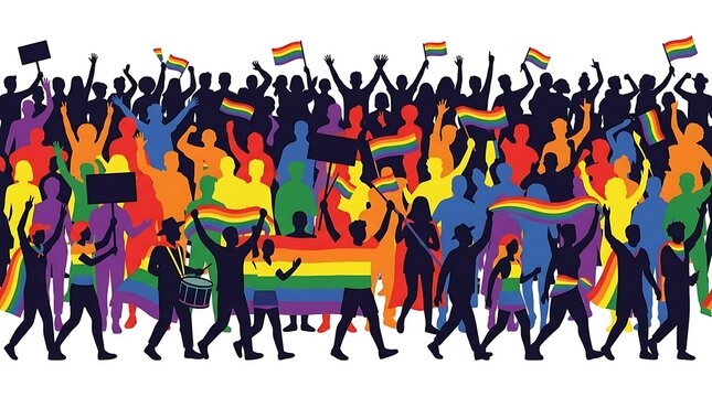 Colorful pride parade crowd with rainbow flags silhouettes