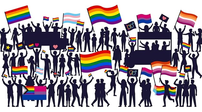 Diverse pride parade silhouettes with rainbow and identity flags