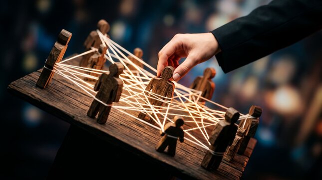 Wooden human figures with thread network showcasing hand placement, string connections and team hierarchy, representing corporate management and workforce coordination