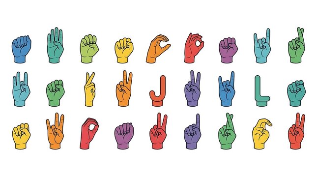 Colorful hand gestures illustrating sign language alphabet and symbols