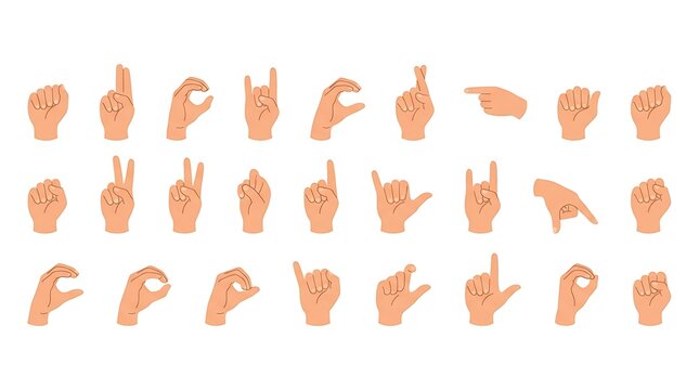 Diverse hand signals and sign language poses on white background