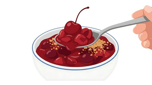 Sweet cherry dessert in a white bowl with a spoon