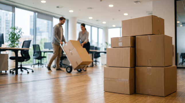 Business relocation professionals transporting cardboard boxes across modern open plan office interior space floor with professionals move additional
