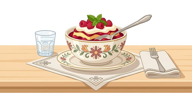 Raspberry trifle dessert in a floral ceramic bowl on a table