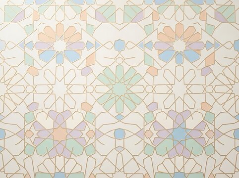 Geometric arabesque pattern with light pastel segments and golden linework for contemporary middle eastern architectural branding.