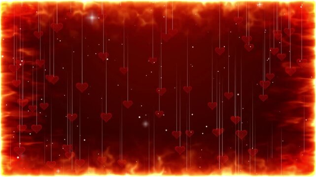 Fiery heart border with falling hearts with fiery border surrounding dark red background filled numerous small