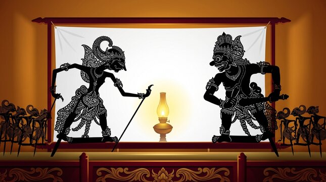 Traditional Indonesian Wayang Shadow Puppet Performance with Oil Lamp