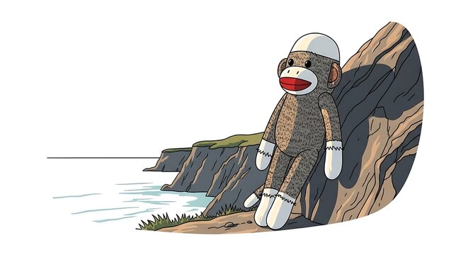 Cute Sock monkey toy character leaning against a coastal cliff edge