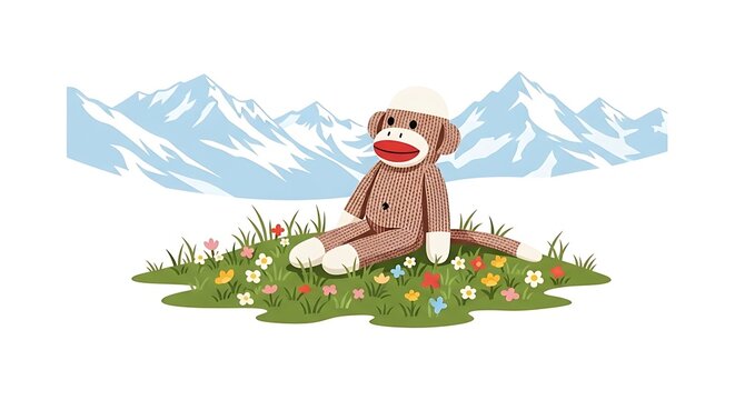 Sock monkey sitting in a mountain meadow vector illustration