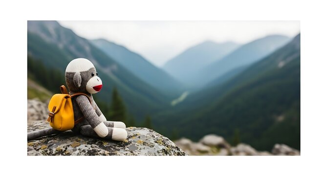 Adventurous Sock monkey with yellow backpack on mountain ledge