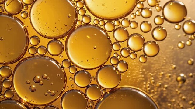Close-up view of golden yellow oil bubbles suspended in liquid, forming abstract shapes with light reflections. Perfect for wellness, skincare, chemistry, or essential oil themes, 4K video