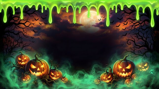 Halloween background with jackolanterns and green slime