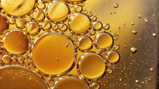 Close-up view of golden yellow oil bubbles suspended in liquid, forming abstract shapes with light reflections. Perfect for wellness, skincare, chemistry, or essential oil themes, 4K video