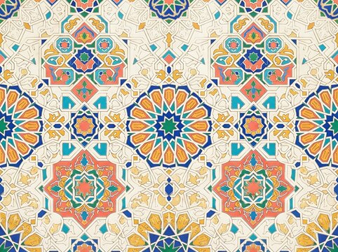 Intricate islamic geometric pattern with vibrant colors and traditional arabesque motifs used for architectural tile decorations.